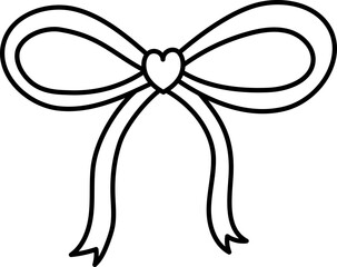 Bow with a heart shape in the center and flowing ribbons. in doodle line style