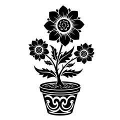 Stylized potted flowers silhouette in black and white representing traditional art with copy space