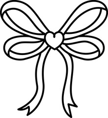 Decorative ribbon bow with heart detail in simple line art style. in doodle line style