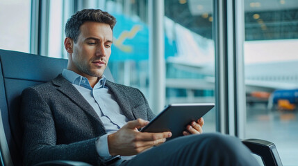 Fototapeta premium A businessman reviews a presentation on his tablet while waiting for a flight.