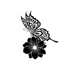 Graceful Stylized Butterfly Landing on a Flower Silhouette against White Background with copy space