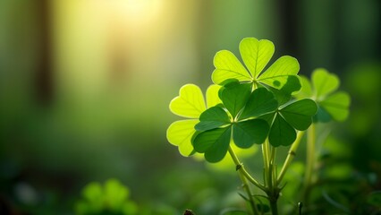 A close up of a green plant with four leaf clovers in the foreground.