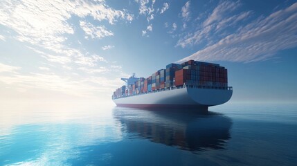 Obraz premium Container ship transporting cargo across calm waters ocean digital art daytime aerial view maritime industry