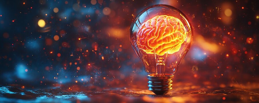 Vibrant neon explosion of a lightbulb, showing a detailed human brain inside, highquality digital background, creative and futuristic design