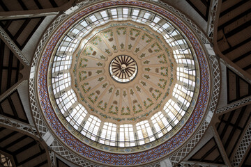 Fototapeta premium Central dome inside the Central Market of Valencia, Valencia, Spain, Europe