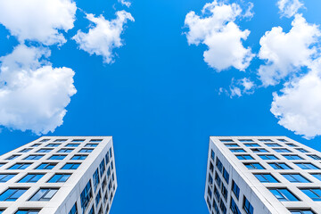 Fototapeta premium A low-angle view of a modern skyscraper with a blue sky