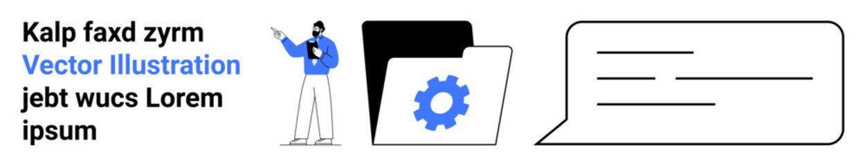 Business professional explaining data with a folder containing a gear, emphasizing organization and teamwork. Ideal for communication, analysis, collaboration, documentation, planning, idea sharing