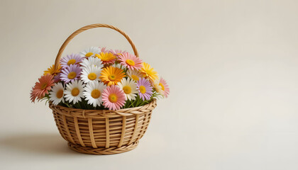 A rustic basket overflowing with fresh daisies, set on a wooden surface.