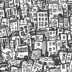 Black and White Hand-Drawn Cityscape with Buildings and Vehicles