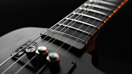 Close-up view of a sleek black electric guitar against dark backdrop.