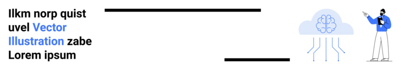 Obraz premium Man pointing at a cloud with a digital brain and data lines connecting below. Ideal for technology, innovation, machine learning, AI education, programming, data sharing, simple landing page