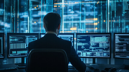 A cybersecurity expert monitors network security, ensuring protection against cyber threats.