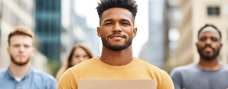 employment rights message A diverse group of individuals standing together in solidarity, conveying a message of unity and empowerment in an urban setting.