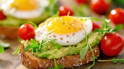 A healthy avocado toast with cherry tomatoes and a poached egg. Featuring wholesome ingredients and vibrant colors