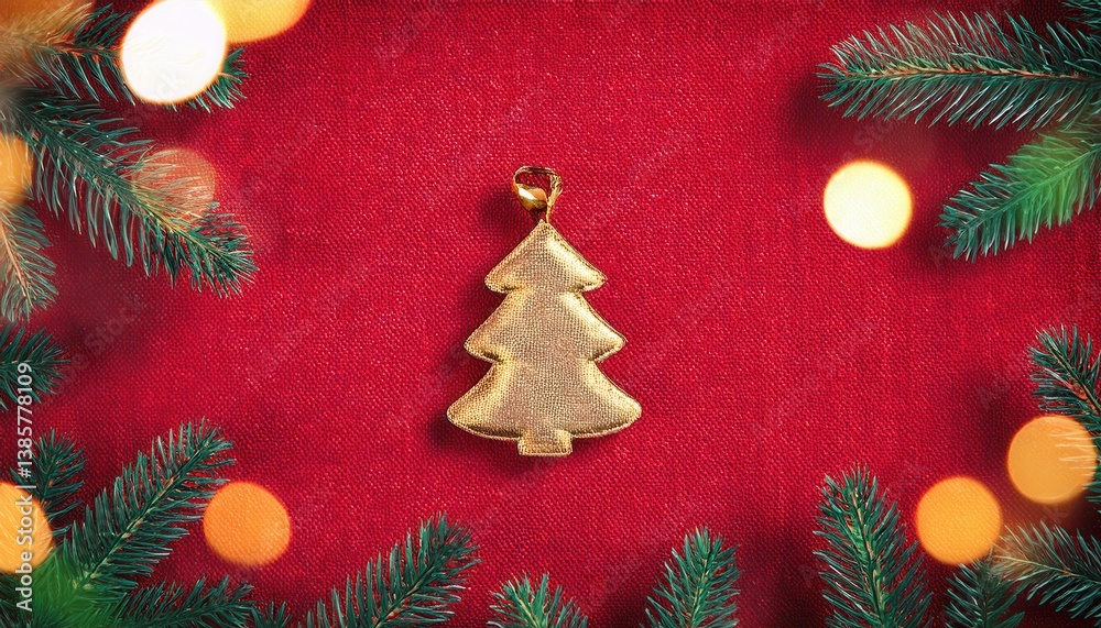 Poster golden christmas tree ornament on red fabric background with green fir branches and bokeh lights for festive design use

