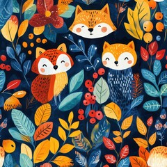 Obraz premium Colorful Woodland Animals and Floral Elements in Vivid Design