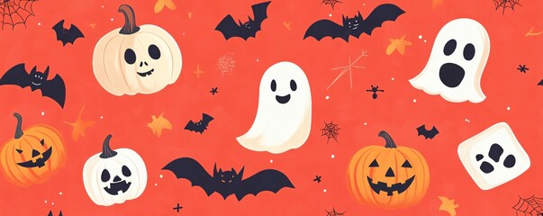 Seamless halloween pattern with pumpkins, bats and ghosts floating on red background, spooky festive design