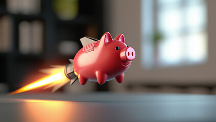 cute piggy bank flying on rocket, showcasing playful and imaginative design. This whimsical scene captures joy of saving money in fun way