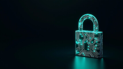 blue holographic padlock with circuit design, symbolizing digital security and technology. glowing elements create futuristic and secure atmosphere