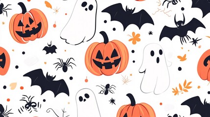 Fototapeta premium Seamless pattern with pumpkins, ghosts and bats flying on a white background
