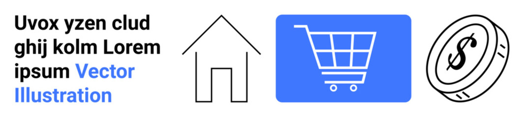 Shopping cart, house outline, and dollar coin visualizing e-commerce, online shopping, real estate, finance, payment gateways, digital platforms. Ideal for marketing apps websites simple landing