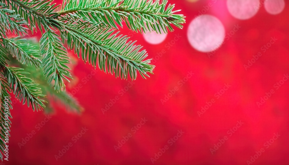 Poster close-up of green fir tree branch on red blurred background with bokeh, ideal for christmas greeting card design