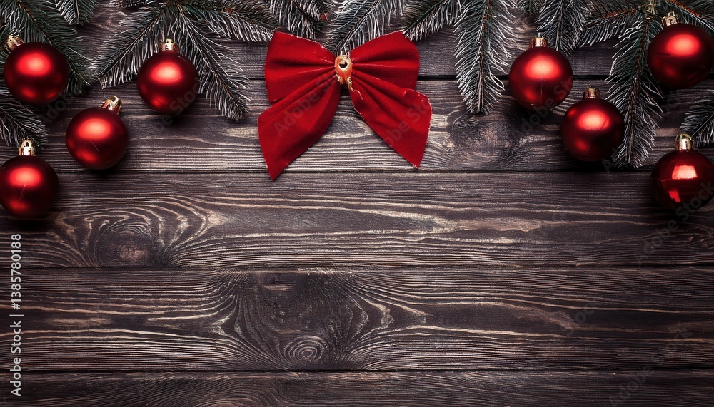Poster top view of red christmas ornaments and bows with pine branches on rustic dark wood background for h