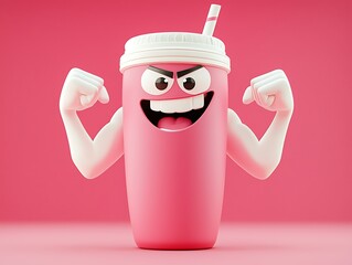 Dynamic animated protein shake bottle flexing strong arms in a gym setting for fitness enthusiasts
