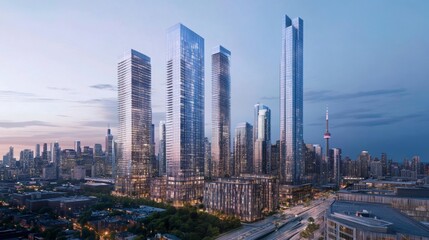 Fototapeta premium Urban skyline transformation modern skyscrapers in cityscape architectural marvels evening glow futuristic viewpoint