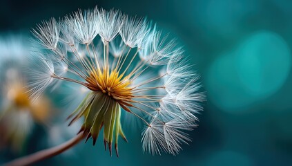 Obraz premium Dandelion seeds bloom against an abstract teal background, concept, art