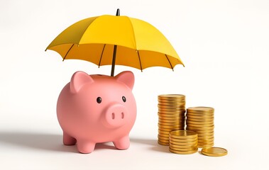 A Piggy Bank With a Yellow Umbrella Protecting It From Falling Coins, Symbolizing Savings and Financial Protection