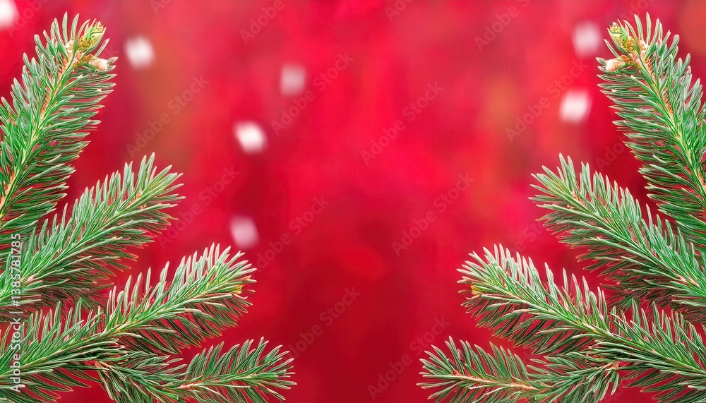 Poster close-up of green fir tree branch on red blurred background with bokeh, ideal for christmas greeting