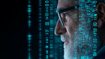 middle aged man with glasses and white beard is depicted against dark background, surrounded by glowing binary code, symbolizing technology and data