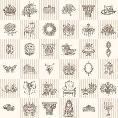 Seamless pattern of isolated pictures in the Bridgerton style. Aesthetic, whimsical regency line art style. Perfect for wedding designs.