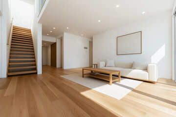 Fototapeta premium modern living room featuring minimalist Japanese design, with wooden flooring, light sofa, and staircase. space is bright and airy, creating serene atmosphere