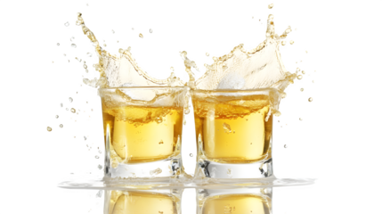 Shot glasses of tequila toasting with dynamic splash, crisp glass reflection,