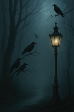 Eerie Forest Lantern Scene with Ravens &ndash; Gothic Dark Fantasy Illustration in Foggy Woods