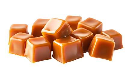 Smooth caramel cubes, glossy texture, rich golden-brown tones,
