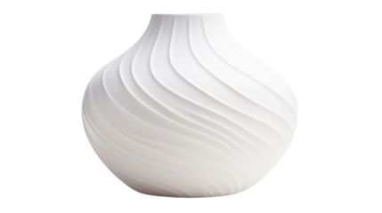 A minimalist white ceramic vase with swirling patterns against a black background space