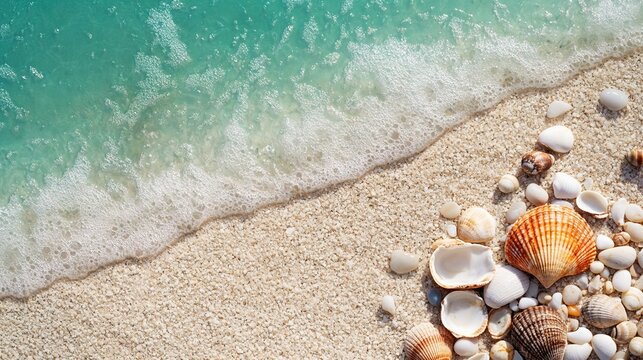 Horizontal poster with Natural white pebbles and shells on sand, top-down view with clean center, soft beach-like tone