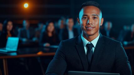 young businessman in suit smiles confidently while seated at conference table, with audience in background. atmosphere is professional and engaging