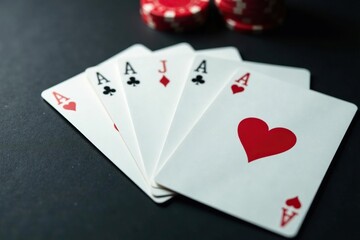 Obraz premium Four aces spread on a surface, showcasing a classic poker hand , pattern, top view