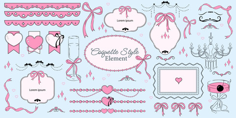 Set of hand drawn pink ribbon frames in vintage style. Trendy coquette decoration elements, ribbons, bows for romantic designs, wedding invitations, cards greeting cards, valentine postcards.