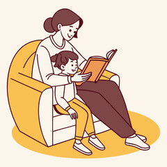 Mother and Child Line Art &ndash; Minimalist Vector Illustration of Mom with Baby