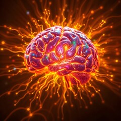 Obraz premium Vivid glowing human brain with colorful electric neural network connections symbolizing artificial intelligence, deep learning, creativity, and futuristic digital brain power.