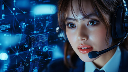 Asian woman in headset, focused on customer service, with digital data visuals in background. She embodies professionalism and engagement in tech driven environment