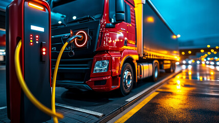 Naklejka premium electric truck charging at station on highway, showcasing modern technology and sustainability. vibrant colors and reflections create dynamic urban atmosphere