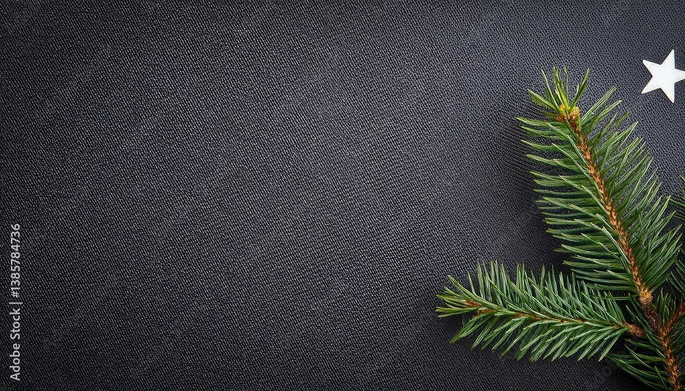 Poster close-up of green fir tree branch on black textured canvas background for elegant christmas, winter 