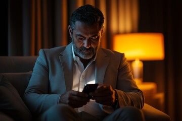 Mature Indian businessman checking smartphone while sitting in hotel room at night. Concept of digital exhaustion, remote workflow and business travel recovery