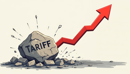 An illustrated rock labeled "TARIFF" is being broken apart with an upward-moving red arrow, symbolizing rising tariffs or economic impact.